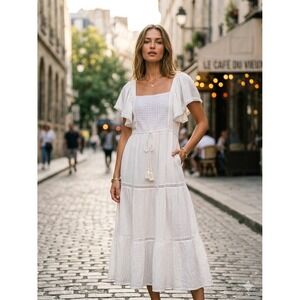 Womens XL Cream White Boho Crochet Lace Tiered Gauze Dress Milkmaid Coquette